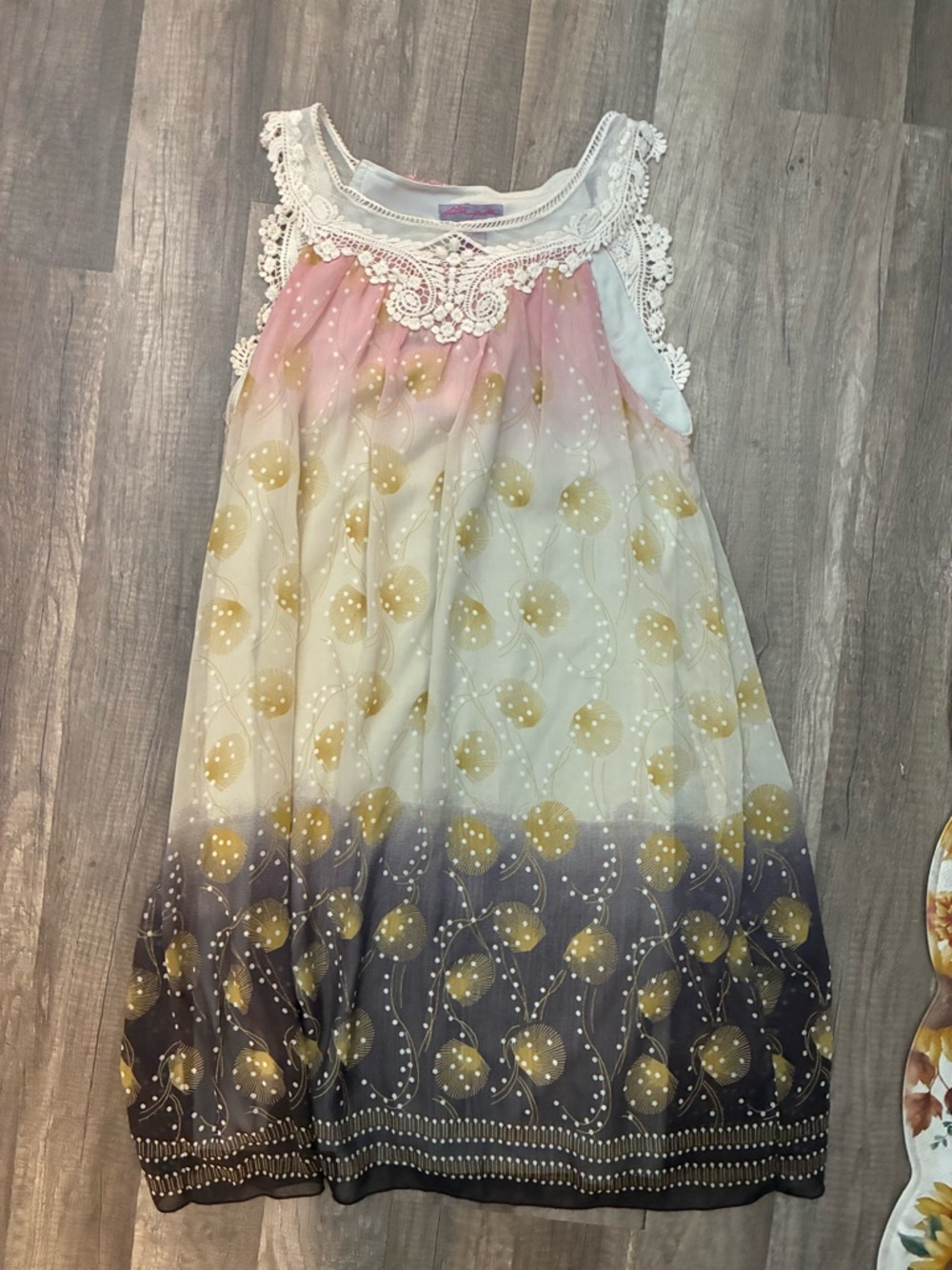 Ultra Pink Ombre Lace-Trim Midi Dress in Pink, Gold, Gray